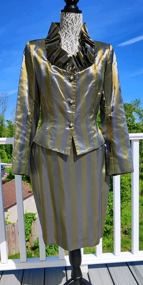 Conjunto de terno de noite de tafetá de seda oliva metálica tamanho P jaqueta saia Houte Coutur novo com etiquetas - Imagem 4 de 4
