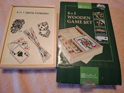 4 in 1 Spielset aus Holz - Dominosteine, Spielkarten, Pick-up-Sticks und Pokerwürfel.