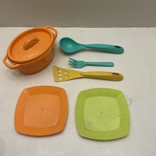 Vintage Speckled Melamine Cooking Play set Pieces Lot Of 6 Pot Utensils Plates