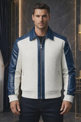 Mens Blue White Leather Bomber Jacket Crocodile Embossed Cowhide Biker Moto Coat