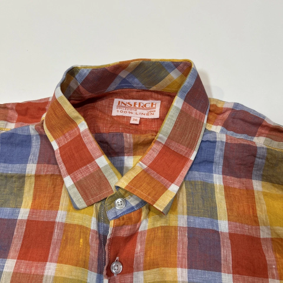 Inserch Linen Shirt Mens Size 3XL Long Sleeve Orange Plaid Button Up - Image 4 of 4