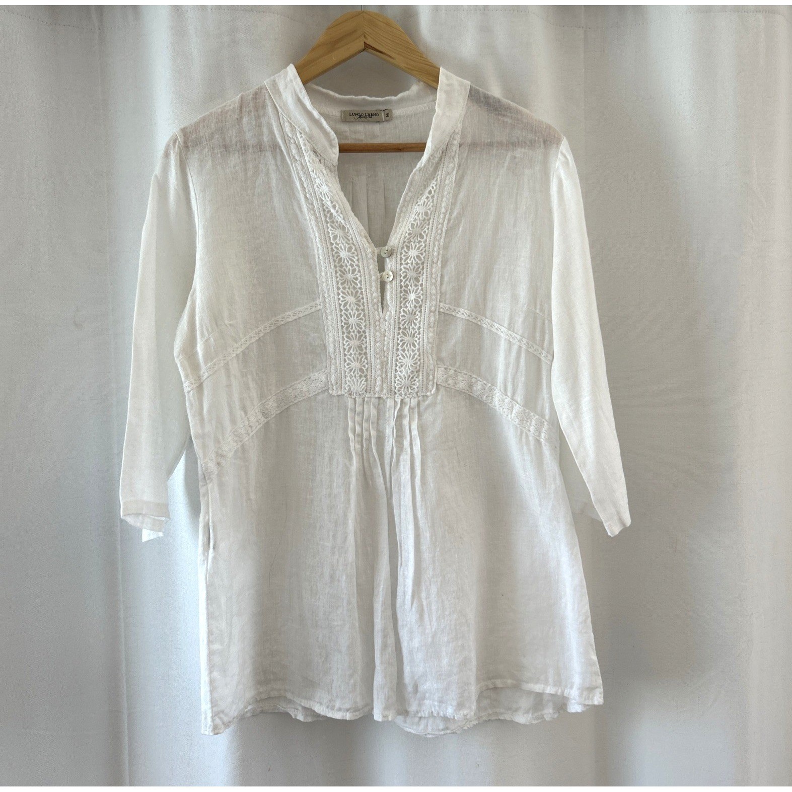 Lungo L'Arno White 100% Linen Lace Crochet Tunic Top Made in Italy Womens Medium