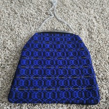 Vintage Tapestry Carpet Purse Kiss Lock Chain Handle Boho Blue Black Gold Tinsel