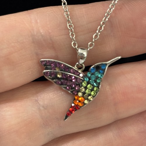 Vintage Hummingbird Pendant Necklace Rhinestones Silver Tone Chain - Picture 2 of 5