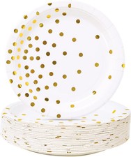White and Gold Party Supplies, Gold Dot Paper Dessert Plates 50-Count 