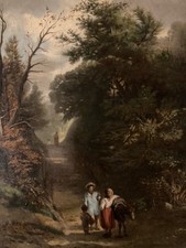 Painting Peinture Âne Huile Sur Toile XIXe Paysage Animaux Ancien Animal Art