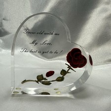 Bircraft Lucite Red Rose Heart Paperweight MCM Handcraved &ldquo;Grow Old With Me&rdquo;
