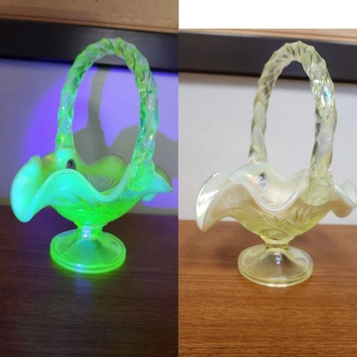 Fenton Green Opalescent Uranium Art Glass Ruffled Basket Glows