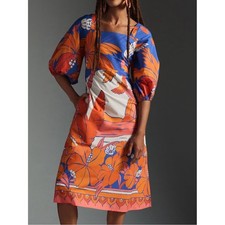 Farm Rio puff-sleeve vibrant tropical sunset orange blue print midi dress