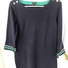 Talbots Navy Dress M 3/4 Sleeve Pleated Hems Grosgrain Ribbon Gold Button Cotton