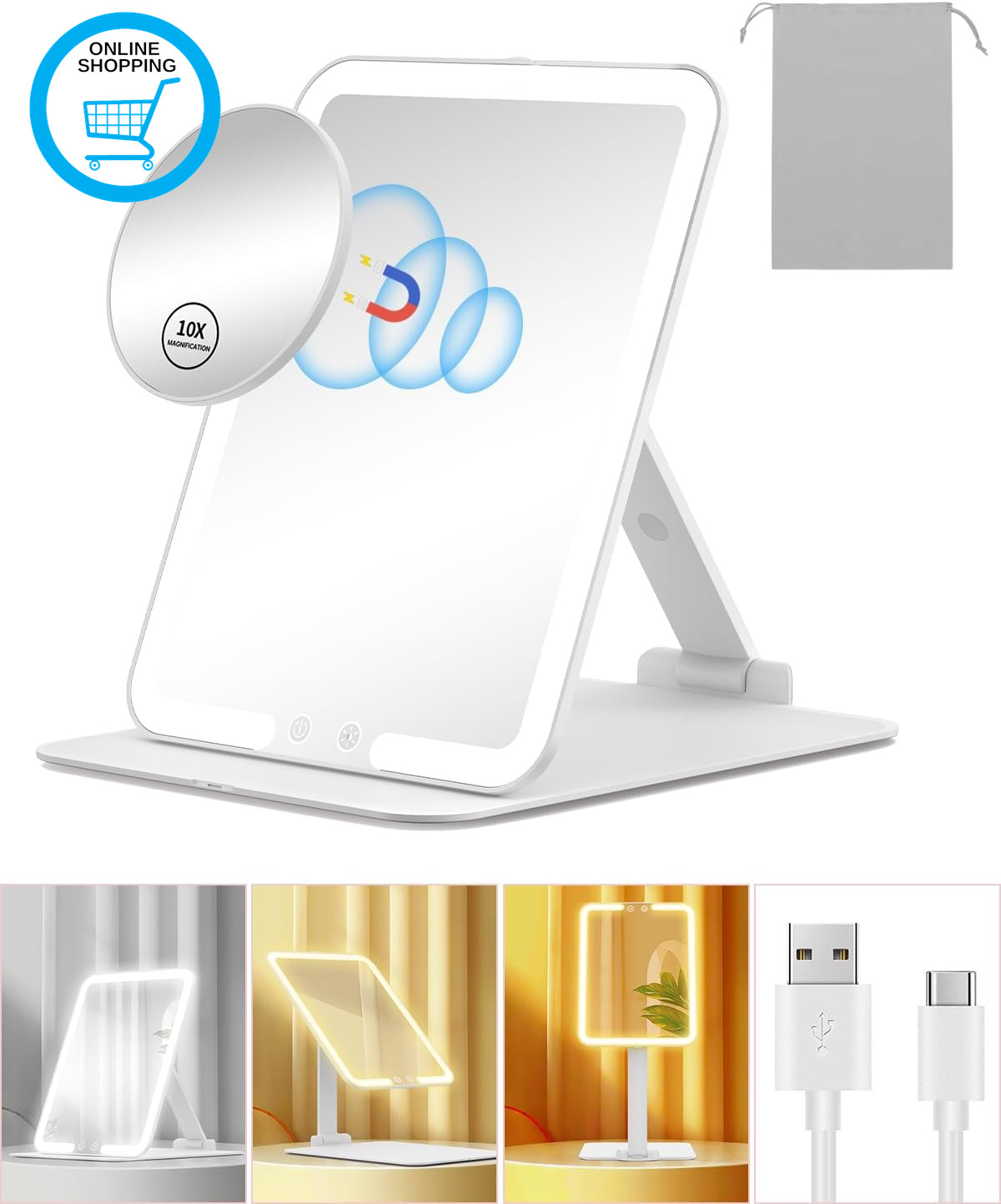 Travel Makeup Mirror with Lights and Magnification 10X, Portable Make up Compact