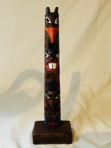 VTG Alaska Totem Pole Statue Carved Folk Art Made By Native Alaskans Collect 9"