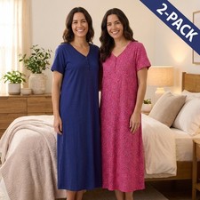 Womens 100% Cotton Nighty 2 Pack Full Length Nightdress Plain and Print 12-26
