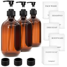 Plastic Amber Soap Dispenser with Pump Set of 3   16 oz Refillable Shampoo an...