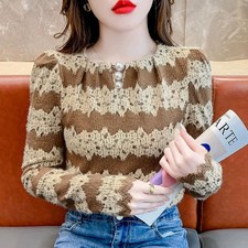 Camicetta Donna Pizzo Rigata Girocollo Slim Maniche Lunghe Nero Caffè
