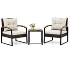 3PCS Patio Wicker Furniture Set PE Wicker Furniture Conversation Set w/ Acacia