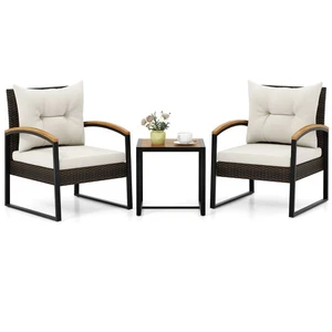 3PCS Patio Wicker Furniture Set PE Wicker Furniture Conversation Set w/ Acacia