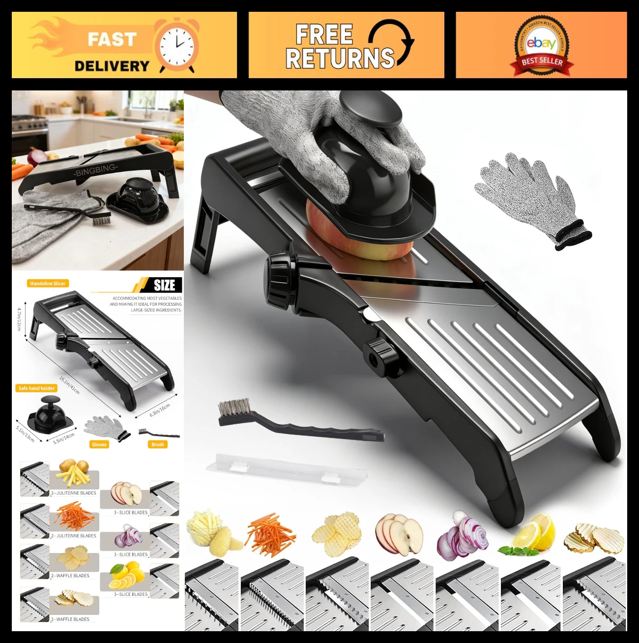Adjustable Stainless Steel Mandoline Slicer - 7-in-1 Vegetable & Food Cutter, Gl