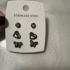 Stainless Steel Earrings Set - Stud, Heart, Butterfly - 3 Pairs Jewelry