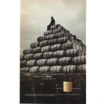 Glenlivet 12 Year Old Single Malt Scotch Whisky Print Ad Person Sitting Barrels