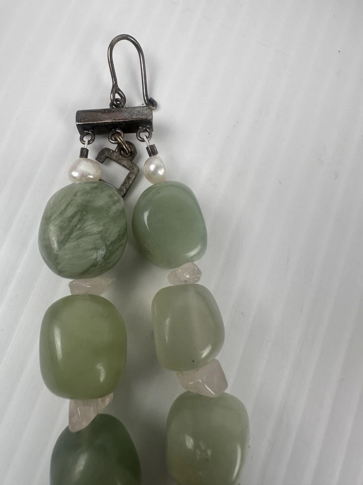 Vintage Green Chalcedony ? Bead Necklace Shell Pendant Statement Boho Jewelry - Image 3 of 4