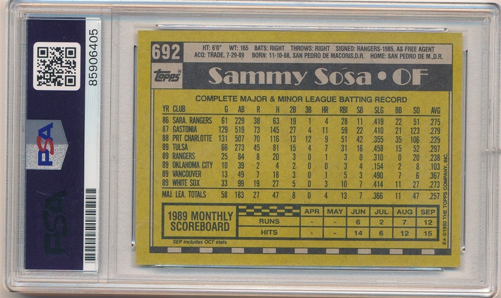 SAMMY SOSA 1990 TOPPS #592 RC ROOKIE SIGNED AUTOGRAPH PSA DNA AUTHENTIC AUTO SP view 2