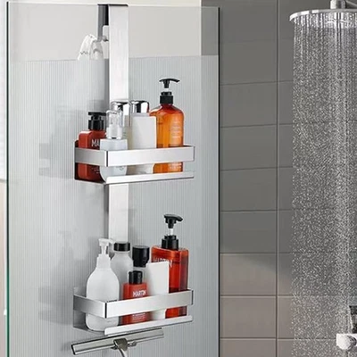 Stainless Steel 2-Tier Over Door Shower Caddy-No Drilling Hanging Shelf ~4 Hook