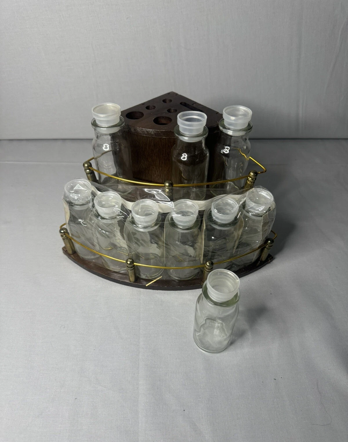 Vintage Mid-century 2-Tier Wood Spice Rack 10 Clear Bottles Apothecary Style