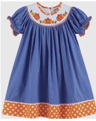 Lil Cactus Blue Pumpkin Sunflower Smocked Bishop Dress Baby Size 6/12 Months .