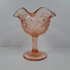 Vintage Peach Pink Glass Pedestal Candy Dish Compote Fluted Edge 7-1/2" Tall