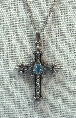 Avon Graceful Budding Cross Faux Marcasite Aqua Rhinestone Necklace Reversible?