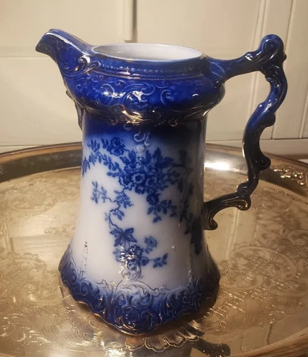 RARE Antique CHOCOLATE POT La Belle Flow Blue China 8" Wheeling Pottery No Lid