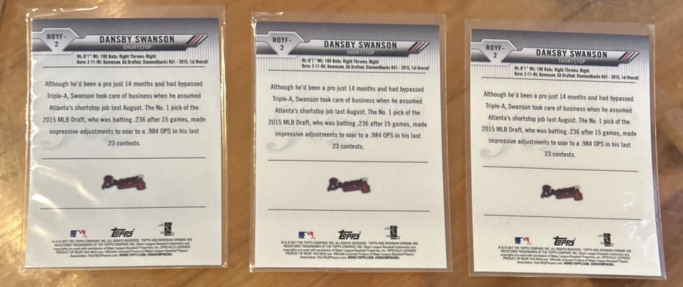 3 x Lot 2017 Bowman Chrome Dansby Swanson Rookie Favorite #ROYF-2 Braves/ Cubs - Image 2 of 2