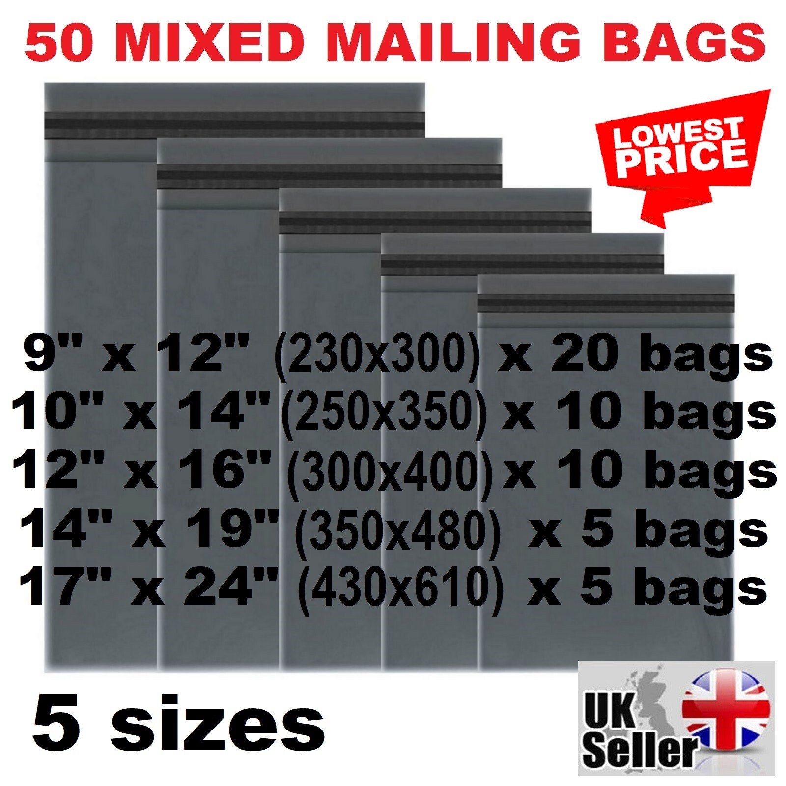 50 Postal Bags Mixed Sizes Grey Mailing Postage Shipping Parcels