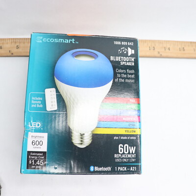EcoSmart A21 Bluetooth Speaker Colored Plus E26 Medium LED Light Bulb -No Remote