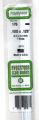 Evergreen 176 Styrene Strip Plastic .100'' Thick x .125 14'' Long  pkg (7)