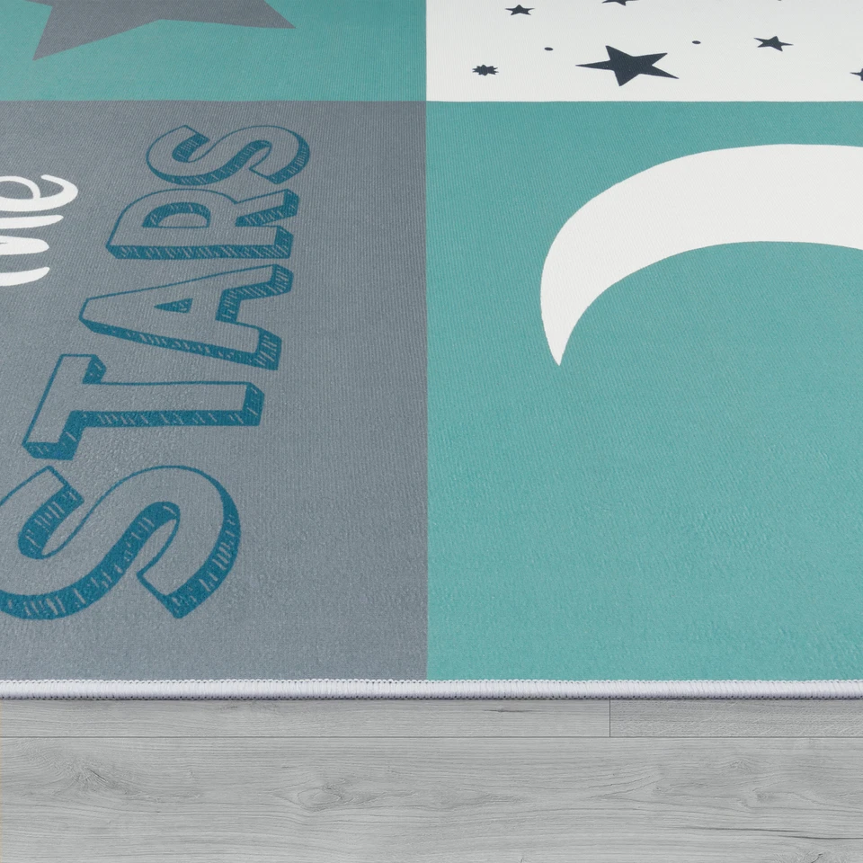 Kinderteppich Kinderzimmer Jungen Herzen Sterne Mond Spruch Blau Grau - Bild 2 von 4