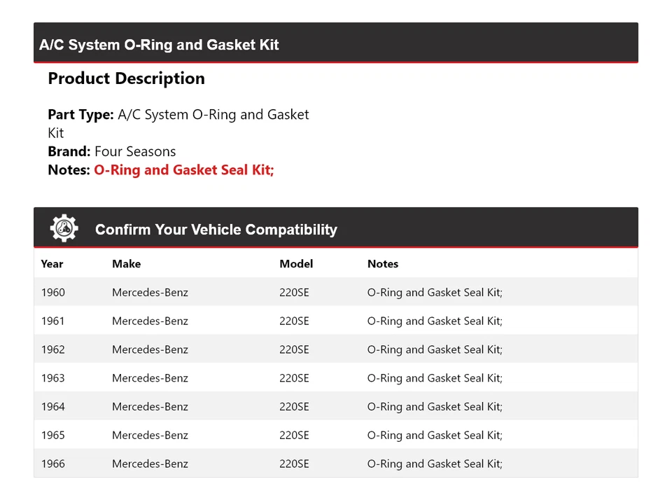Kit de junta tórica y junta sistema aire acondicionado Mercedes-Benz 220SE 1960-1966 4 estaciones Foto 2 de 4