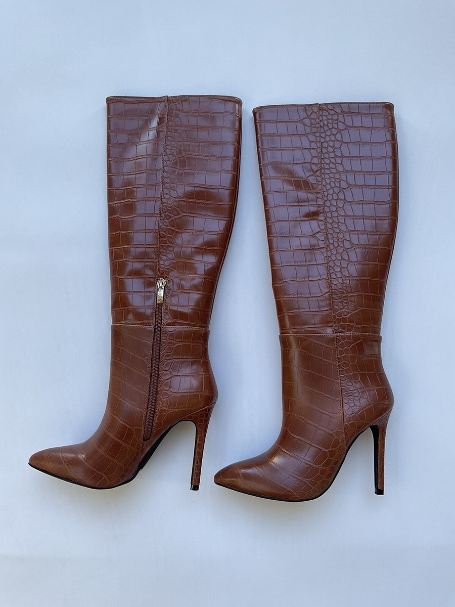 Guess Women's Ruke Croc Knee High Boots Brown Faux Leather Size