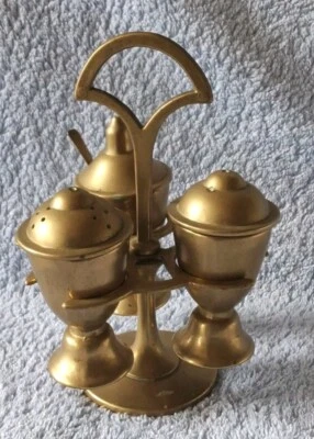 Ancien Service à Épices En Laiton Salière Poivrière Moutardier Ht 16 cm Saleron - Photo 1/4