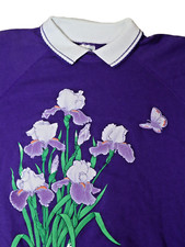 VTG Hanes Floral Butterfly Collared Sweater Women XL Purple USA Made Grandmacore