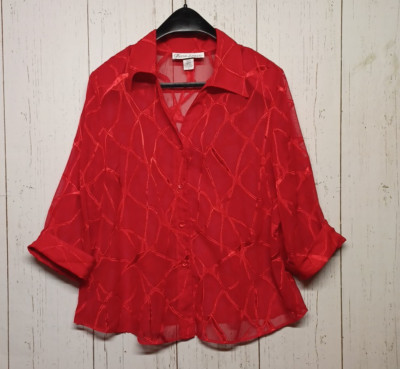 Gloria Lance Woman blouse Red Size 2X burnout 3/4 Sleeve button-down Sheer top