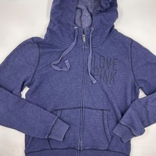 Victorias Secret PINK Hoodie Size L Blue Cotton Full Zip Long Sleeve LOVE Casual
