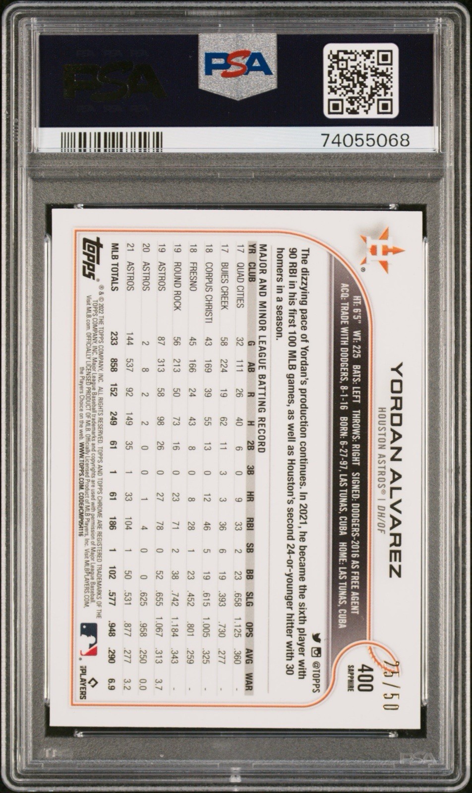 2022 Topps Chrome Sapphire Gold 32/50 Yordan Alvarez #400 PSA 10 view 2