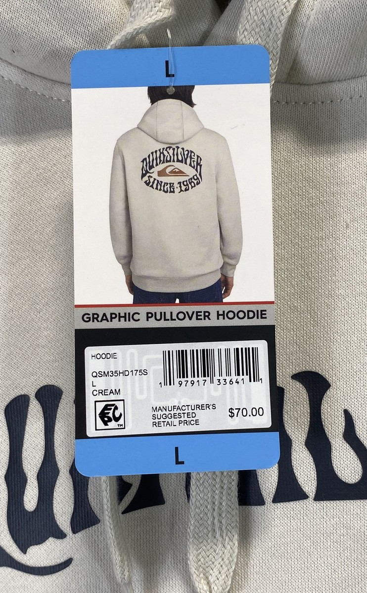 箱 Quiksilver Men's Cream Graphic Pullover Hoodie Fleece Sweatshirt