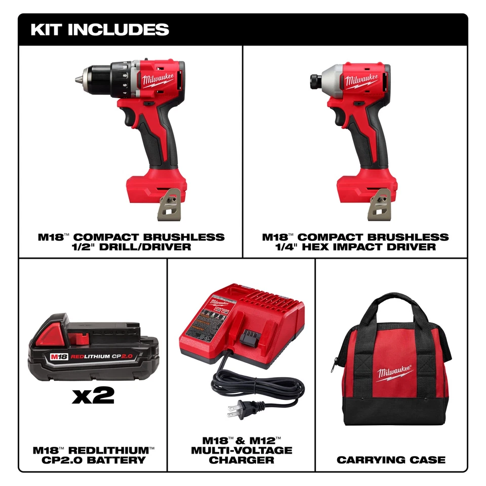 Milwaukee M18 Compact Brushless 2-Tool Combo Kit, Chuck Size 1/2in., Drive Size - Image 3 of 4