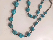 SOUTHWEST TURQUOISE NECKLACE, HANDMADE NATURAL STONE 20" BEAUTIFUL BLUE COLOR
