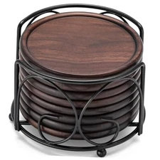 Wood Coasters with Holder,  Set of 8 Walnut Wooden 8 Pieces With Metal Holder