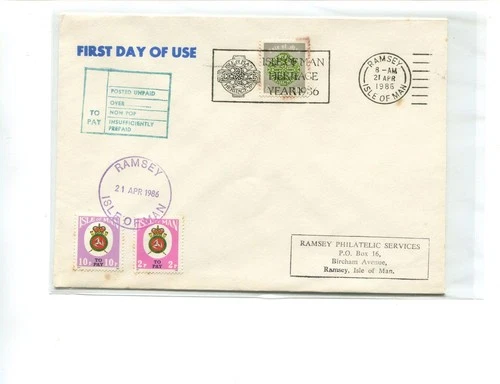 Isle of Man 1986 12p postage due cover, first day of use