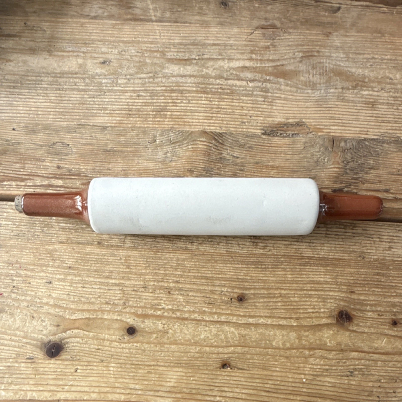 Ceramic Rolling Pin Solid Pattern White Brown With Handle Plain Type